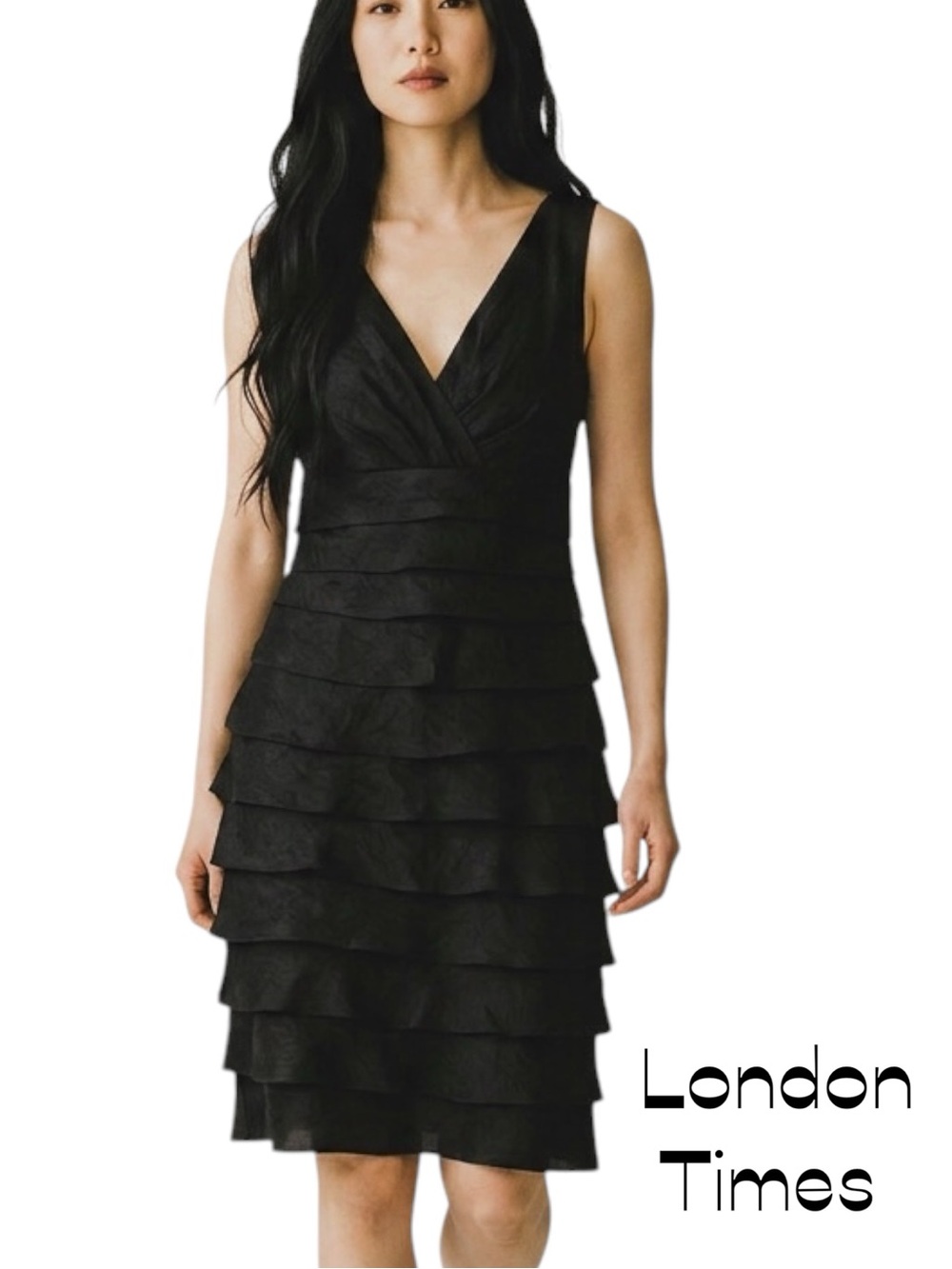 London Times Metallic Black Tulip Layered Fitted Party Event Dress NWOT Size 12P